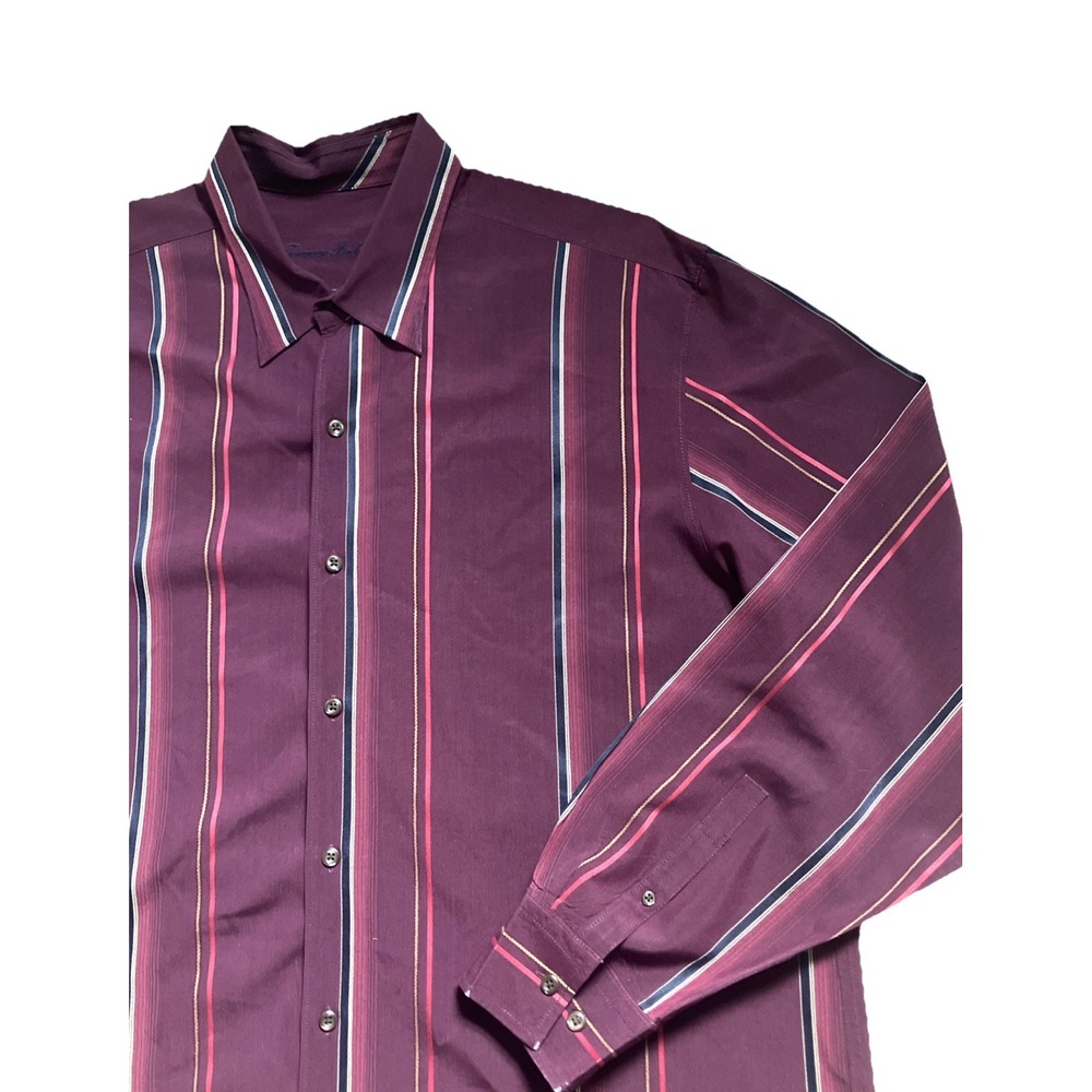 Tommy Bahama Shirt XL Silk Wool Blend Maroon Stripes Button Up Long Sleeve Men